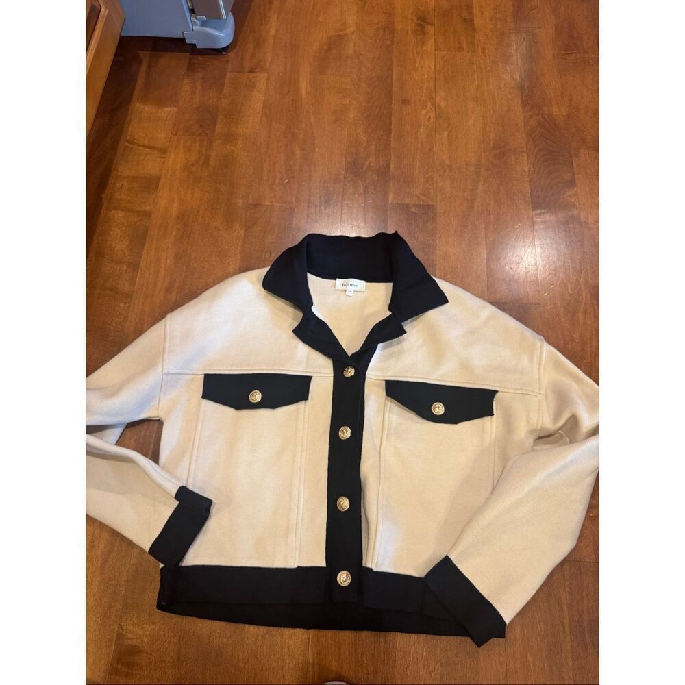 Böhme Cream Black Knit Cardigan Jacket S/M Gold Button Cropped Preppy Contrast T